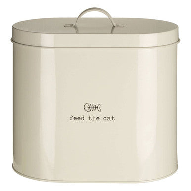 Beige metal cat food container with &