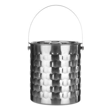 Stainless steel ice bucket with textured surface on a white background