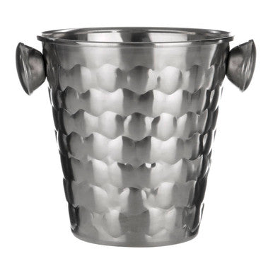 Metallic ice bucket with textured surface and handles on a white background