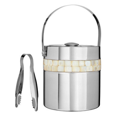 Stainless steel ice bucket with lid and tongs on a white background