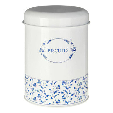 White biscuit tin with blue floral design and &