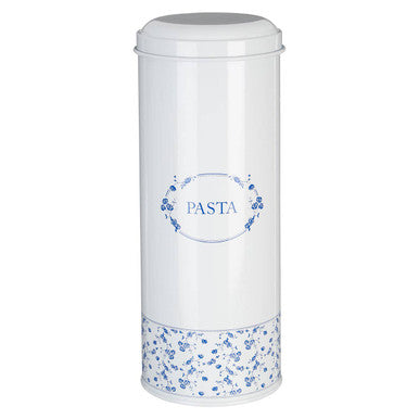 White pasta storage container with blue floral design on a white background