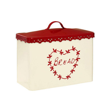 Bread box with red lid and heart-shaped design on a white background