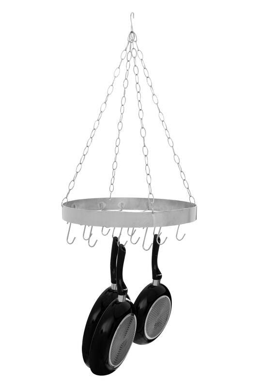 Hanging pot rack with two black frying pans on a white background