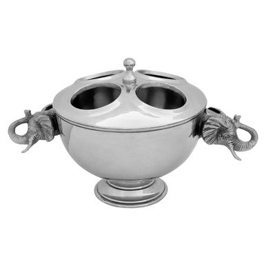 Silver double urn with elephant handles on a white background