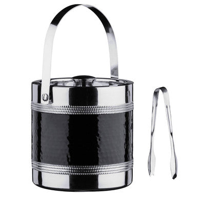 Black ice bucket with silver handle and tongs on a white background