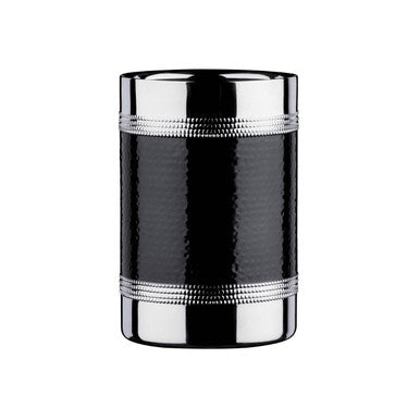 Black cylindrical container with silver band on a white background