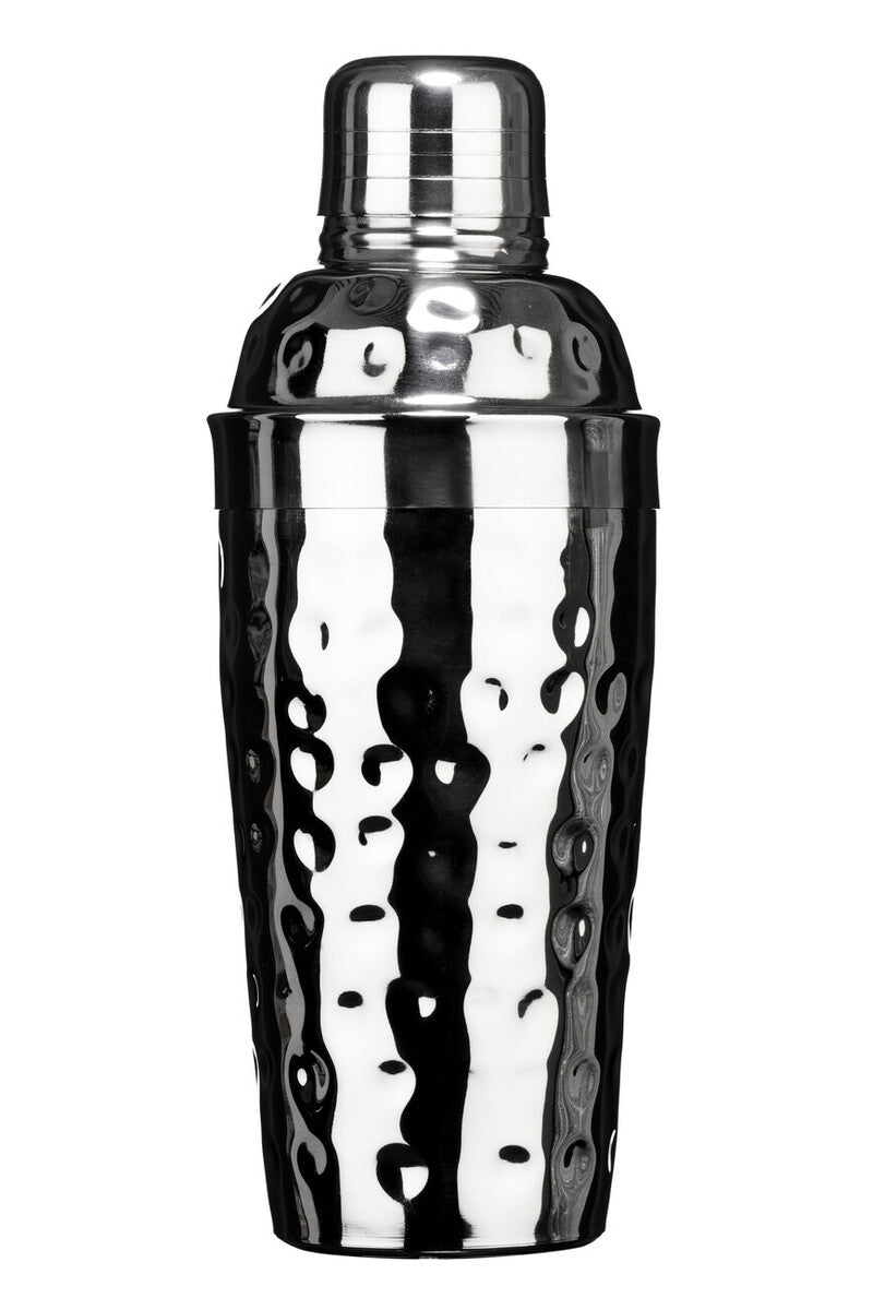 Cocktail shaker with black hammered finish on a white background