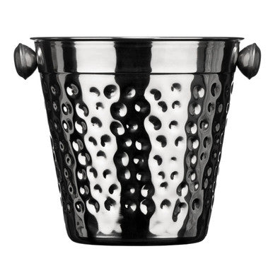 Black and silver ice bucket with textured surface on a white background