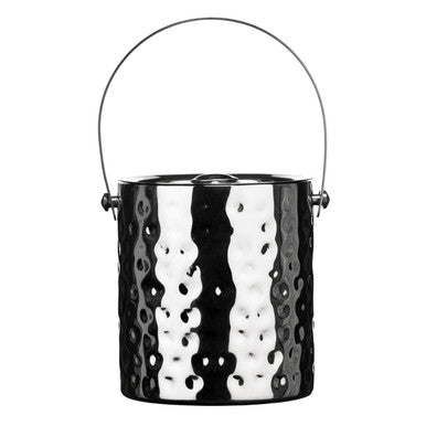 Metallic silver bucket with a handle on a white background