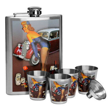 Stainless steel flask and shot glasses with vintage car and pin-up girl design on a white background