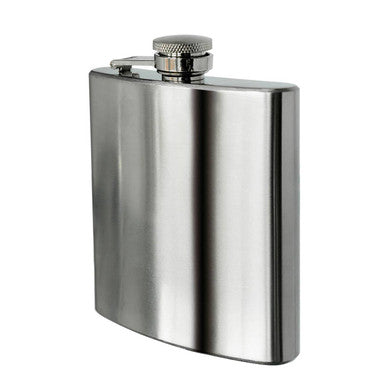 Stainless steel hip flask on a white background