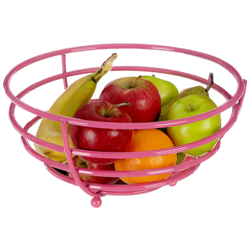 Pink wire fruit basket with apples, oranges, and bananas on a white background