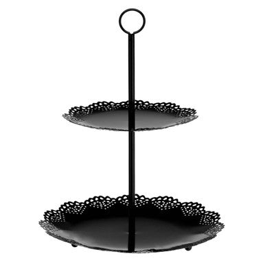 Black two-tiered serving tray on a white background