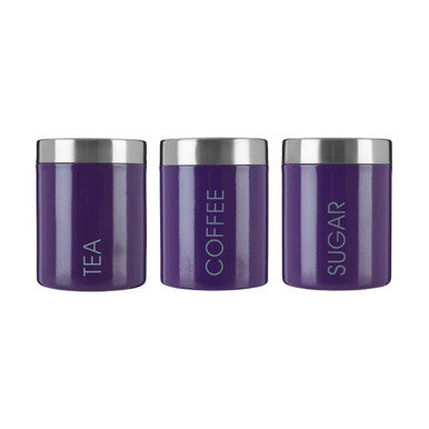 Set of three purple kitchen canisters labeled &