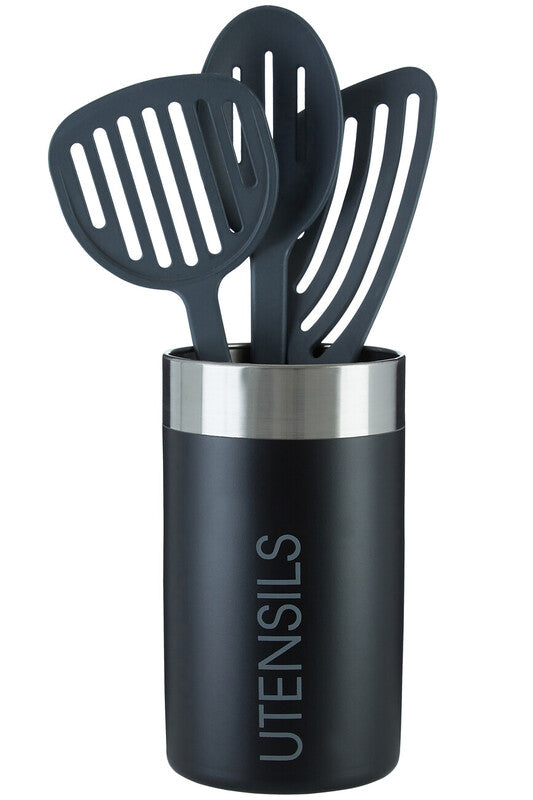 Black utensil holder with kitchen utensils on a white background