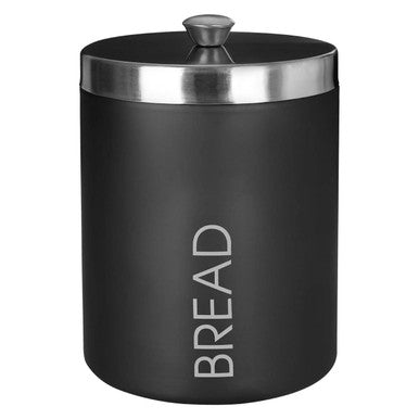 Black bread bin with silver lid on a white background
