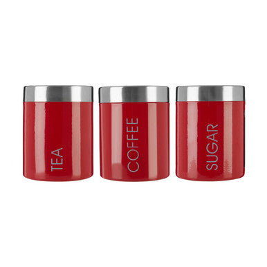 Set of three red kitchen canisters labeled &