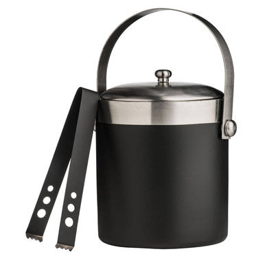Black ice bucket with silver lid and handle on a white background