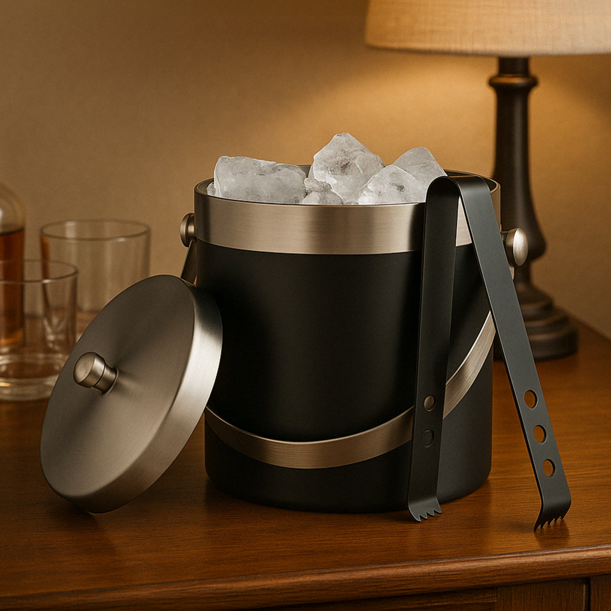 Black ice bucket with silver lid on a wooden surface, filled with ice cubes.