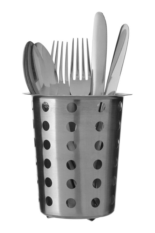 Metal utensil holder with cutlery on a white background