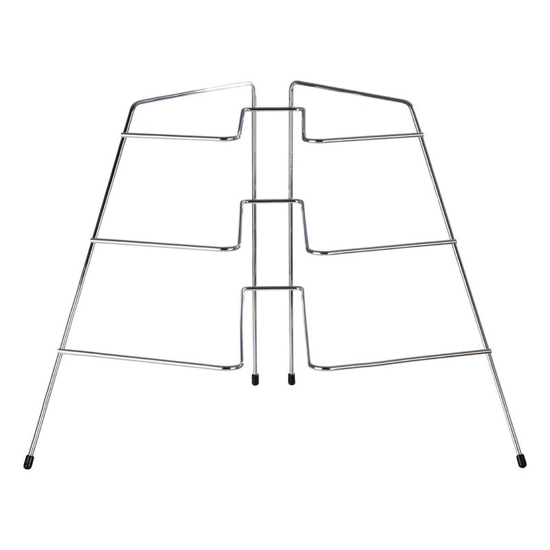 Metal display stand with multiple shelves on a white background