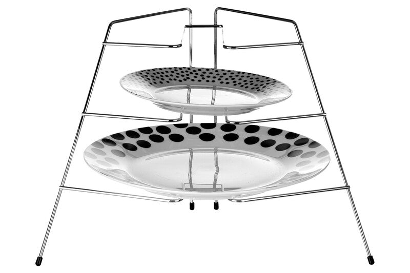 Three-tiered metal stand with perforated plates on a white background