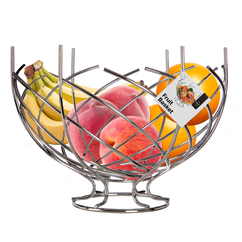 Metal fruit basket with bananas, apples, and oranges on a white background