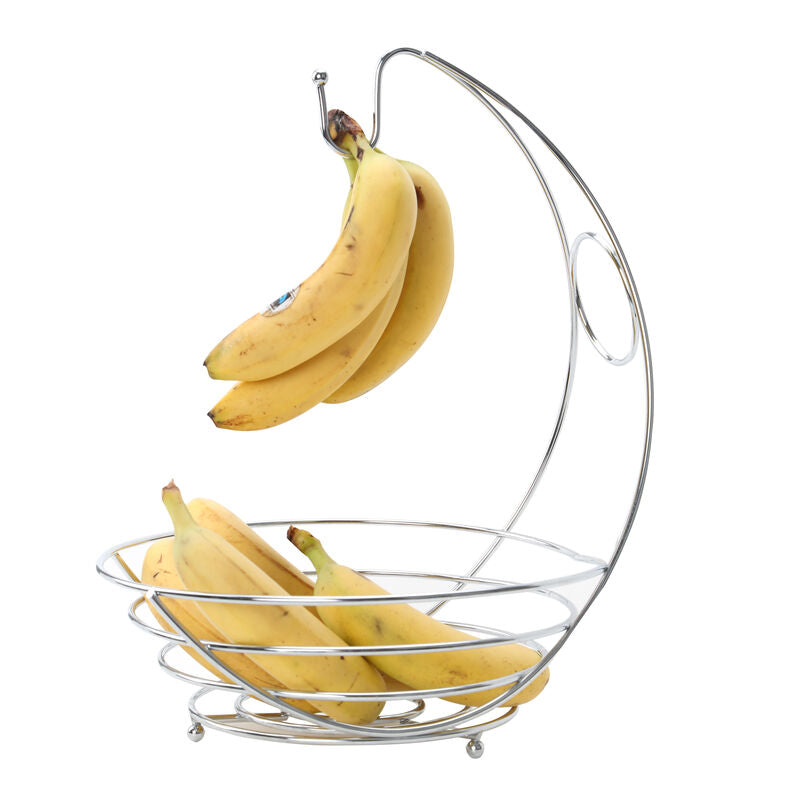 Metal banana holder with bananas on a white background