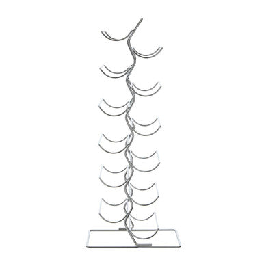 Metal wine glass holder with multiple tiers on a white background