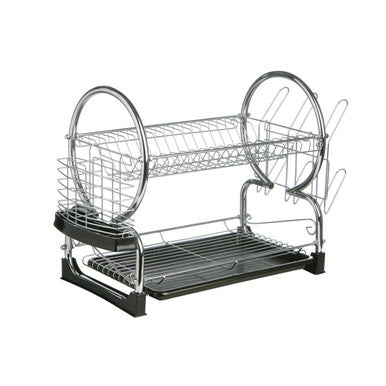 Double tiered metal dish rack on a white background