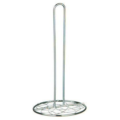 Metal stand with circular base and curved handle on a white background