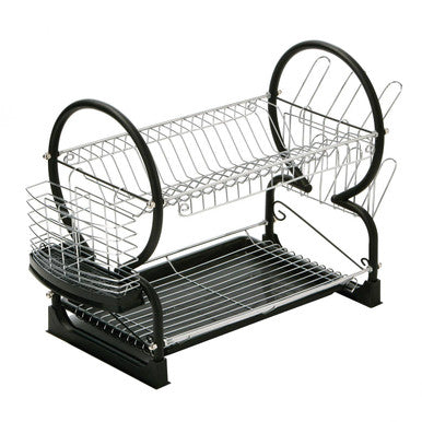 Black and silver dish rack on a white background