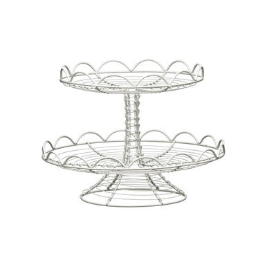 Black and white line drawing of a two-tiered metal cake stand on a white background