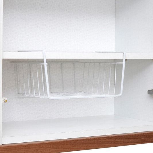 Open wooden cabinet with a white interior and metal rack.