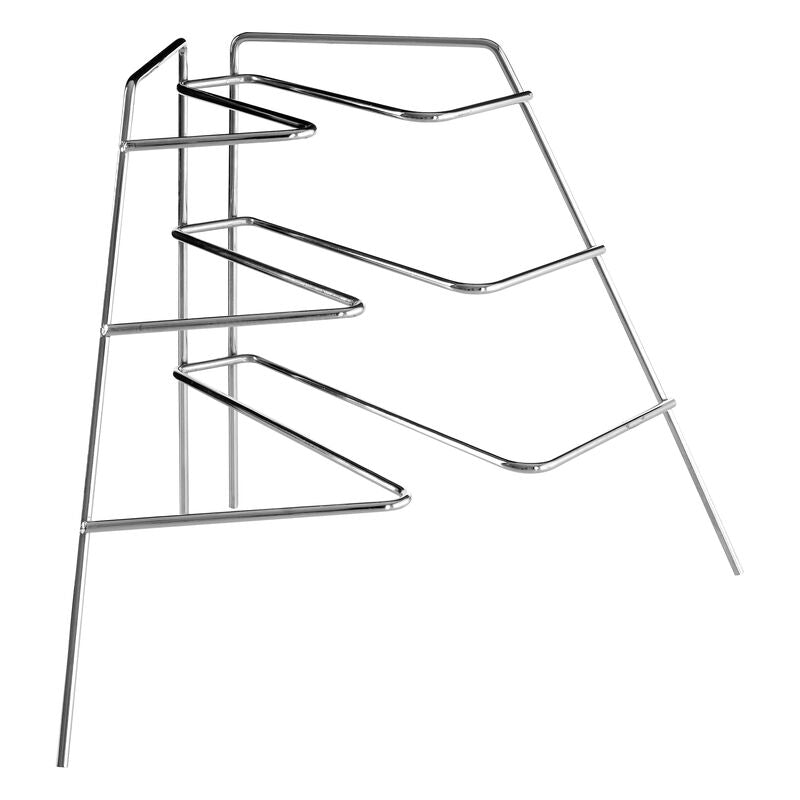 Metal bookshelf with multiple shelves on a white background
