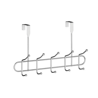 Over-the-door metal hook rack with five hooks on a white background