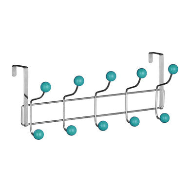Metal coat rack with turquoise hooks on a white background