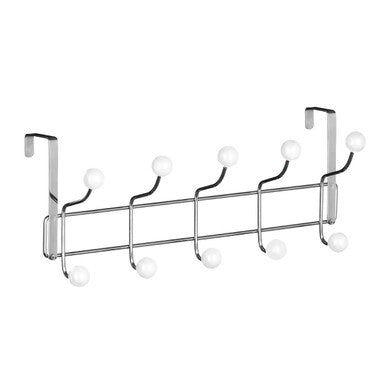Metal over-the-door hanging rack with multiple hooks on a white background