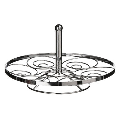 Chrome metal stand with decorative design on a white background