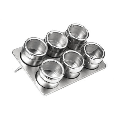 Set of stainless steel containers on a tray with a white background
