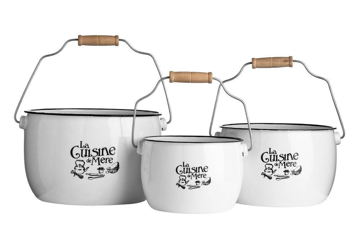 Set of three white enamel pots with handles and &