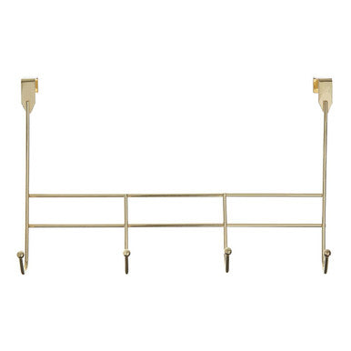 Gold metal wall-mounted coat rack with five hooks on a white background