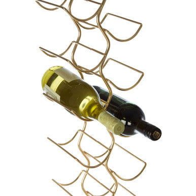 Gold wine rack holding a bottle of white wine on a white background