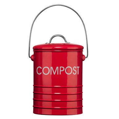 Red compost bin with a handle on a white background