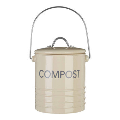 Beige compost bin with a handle on a white background