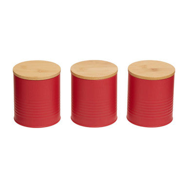 Three red canisters with wooden lids on a white background