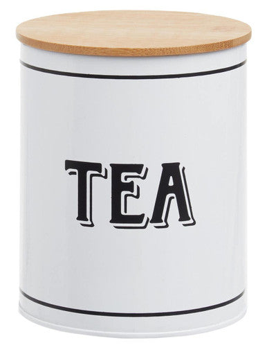 White tea canister with a wooden lid on a white background