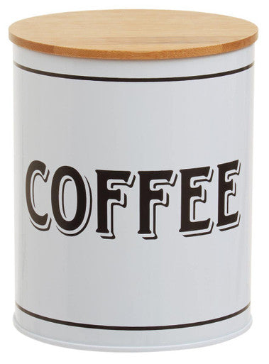 White coffee canister with a wooden lid on a white background