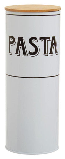 White pasta storage container with a wooden lid